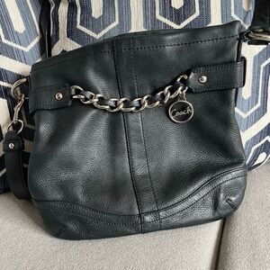 Coach Black Leather Shoulder Bag with Silver Chain